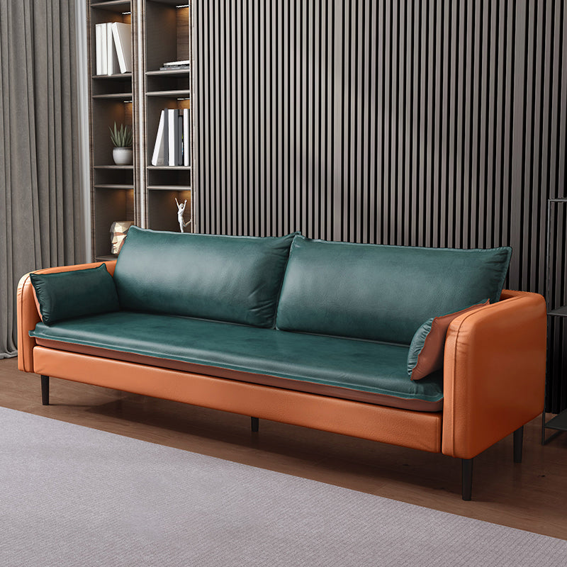 Square Arm Contemporary Faux Leather Sofa Couch in Green and Orange 102"L x 29.5"W x 27.5"H Latex Clearhalo 'furn' 'furn_sofas' 'Furniture' 'furniture_sofas' 'Living Room Furniture' 'Sofa' 'sofas' 5045582