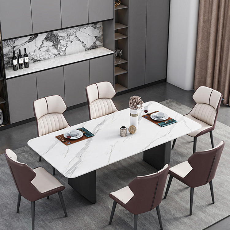 Modern Iron Dinette Set 1/2/5/7 Pieces Rectangle White Sintered Stone Top Dining Table Set 7 Pieces: Table, 6 Beige Chairs Clearhalo 'Dining Room Sets' 'Dining Tables & Seating' 'dining_room_set' 'furn' 'furn_dining_room_set' 'Furniture' 'furniture_dining_room_set' 'Kitchen & Dining Furniture' 5052917