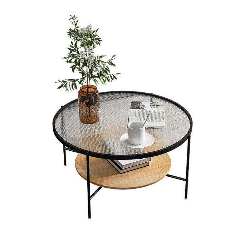 17.7" Tall Modern Cross Leg Glass Round Coffee Table with Shelf Natural Black Clearhalo 'Coffee & Accent Tables' 'Coffee Tables' 'coffee_tables' 'furn' 'furn_coffee_tables' 'Furniture' 'furniture_coffee_tables' 'Living Room Furniture' 5058526