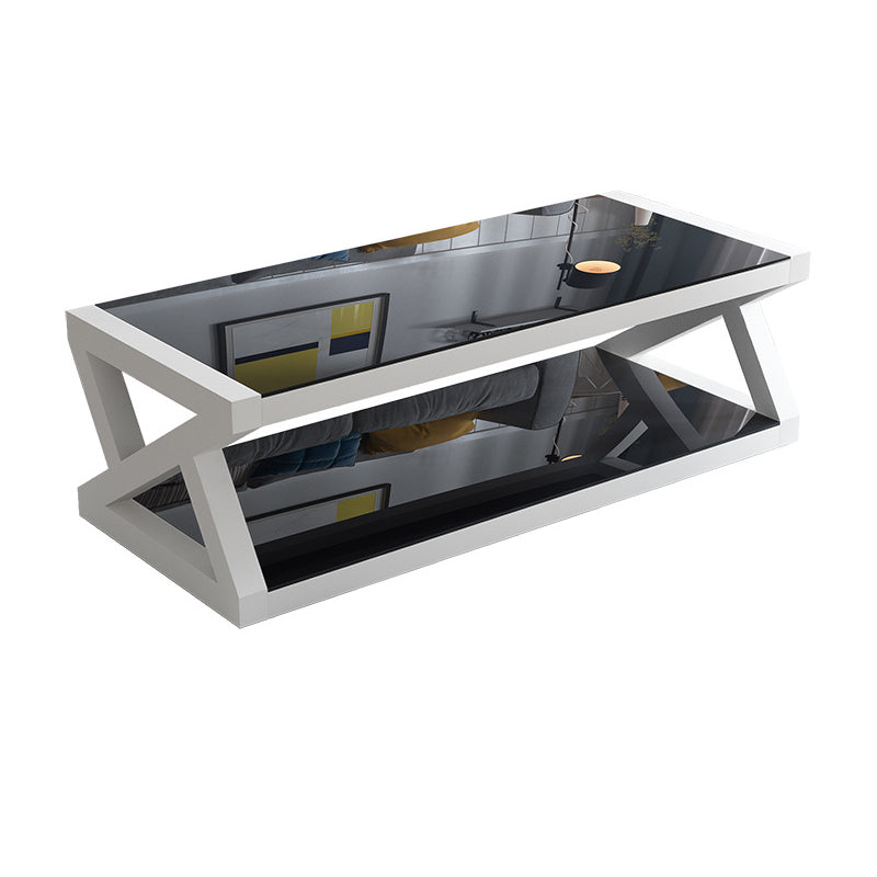 17.7" Tall Modern Trestle Base Glass Rectangular Coffee Table with Shelf White-Black Clearhalo 'Coffee & Accent Tables' 'Coffee Tables' 'coffee_tables' 'Furniture' 'furniture_coffee_tables' 'Living Room Furniture' 5058547