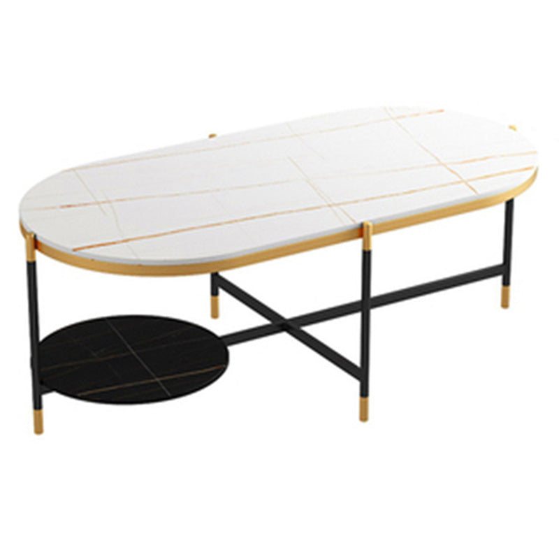 17.7" Tall Modern Metal Cross Leg Base Glass Oval Coffee Table with Shelf White-Black Clearhalo 'Coffee & Accent Tables' 'Coffee Tables' 'coffee_tables' 'furn' 'furn_coffee_tables' 'Furniture' 'furniture_coffee_tables' 'Living Room Furniture' 5058570