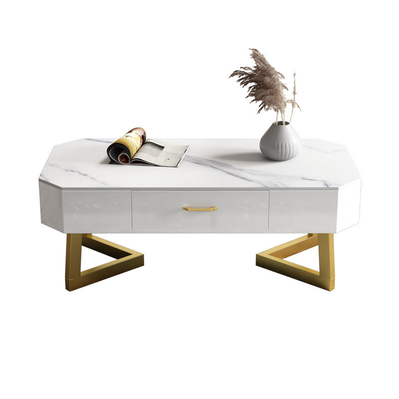 17.7" Tall Modern Metal Sled Base Slate Rectangular Top Coffee Table with Drawers Gold Floralwhite Clearhalo 'Coffee & Accent Tables' 'Coffee Tables' 'coffee_tables' 'furn' 'furn_coffee_tables' 'Furniture' 'furniture_coffee_tables' 'Living Room Furniture' 5072960