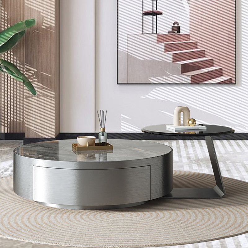 Drum Base Design Cocktail Table Rock Plate/tempered Glass Desktop Coffee Table Clearhalo 'Coffee & Accent Tables' 'Coffee Tables' 'coffee_tables' 'furn' 'furn_coffee_tables' 'Furniture' 'furniture_coffee_tables' 'Living Room Furniture' 5073095