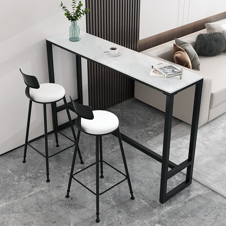 Stone Bar Dining Table Modern Rectangle Bar Table with Trestle Pedestal for Living Room 70.9"L x 15.7"W x 41.3"H Black Without Chairs Clearhalo 'Bar Furniture' 'Bar Tables' 'bar_tables' 'furn' 'furn_bar_tables' 'Furniture' 'furniture_bar_tables' 'Kitchen & Dining Furniture' 5080111