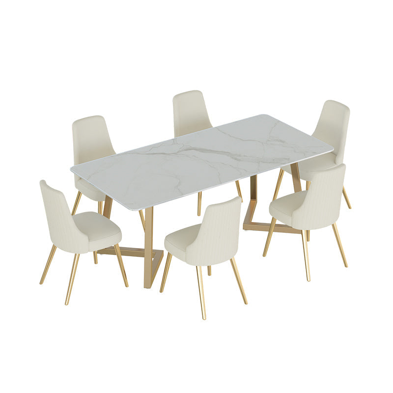Glam Iron Dinette Set 1/2/3/5/6/7 Pieces Rectangle Dining Table Set with Sintered Stone 7 Pieces: Table, 6 Chairs Clearhalo 'Dining Room Sets' 'Dining Tables & Seating' 'dining_room_set' 'furn' 'furn_dining_room_set' 'Furniture' 'furniture_dining_room_set' 'Kitchen & Dining Furniture' 5081085