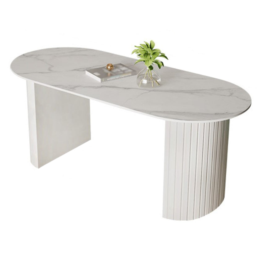 White Two Base Dining Table Modern White Stone Top Dining Table for Living Room Oval 78.7"L x 31.5"W x 29.5"H Without Chairs Clearhalo 'Dining Tables & Seating' 'Dining Tables' 'dining_table' 'furn' 'furn_dining_table' 'Furniture' 'furniture_dining_table' 'Kitchen & Dining Furniture' 5081514