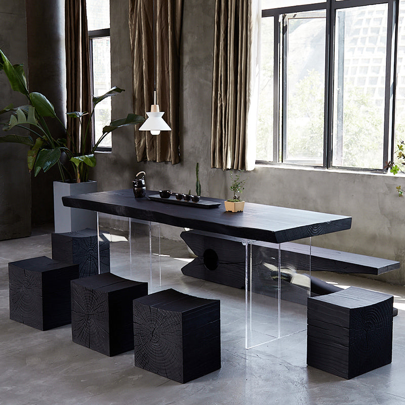 Black Modern Double Pedestal Table Rectangle Pine Solid Wood Top Dining table 94.5"L x 33.5"W x 29.5"H Without Chairs Clearhalo 'Dining Tables & Seating' 'Dining Tables' 'dining_table' 'furn' 'furn_dining_table' 'Furniture' 'furniture_dining_table' 'Kitchen & Dining Furniture' 5081557