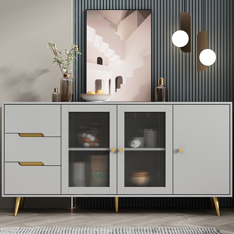 3-Drawer Engineered Wood Sideboard Modern Glass Doors Cabinets Credenza for Living Room 63"L x 16"W x 31"H Light Gray Clearhalo 'buffet_sideboard' 'Buffets & Sideboards' 'furn' 'furn_buffet_sideboard' 'Furniture' 'furniture_buffet_sideboard' 'Kitchen & Dining Furniture' 5082636