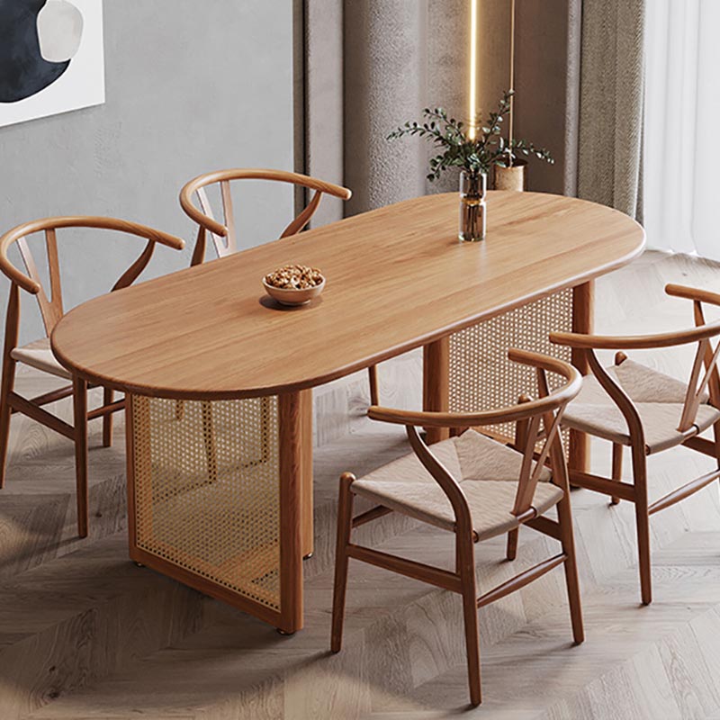 Modern Dining Table Solid Wood Top Dining Table with Double Rattan Base for Living Room Oval 63"L x 27.6"W x 29.5"H Without Chairs Clearhalo 'Dining Tables & Seating' 'Dining Tables' 'dining_table' 'furn' 'furn_dining_table' 'Furniture' 'furniture_dining_table' 'Kitchen & Dining Furniture' 5085863