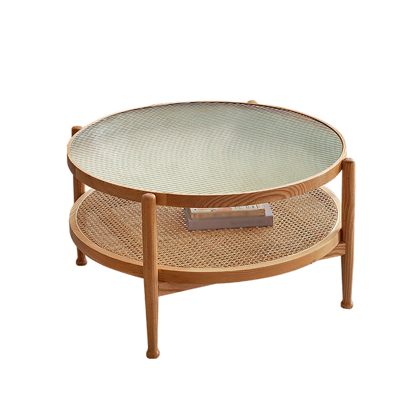 Modern 4 Legs Wood Base Glass Round Top Coffee Table for Apartment 35"L x 35"W x 17.7"H Natural Clearhalo 'Coffee & Accent Tables' 'Coffee Tables' 'coffee_tables' 'furn' 'furn_coffee_tables' 'Furniture' 'Living Room Furniture' 5099121