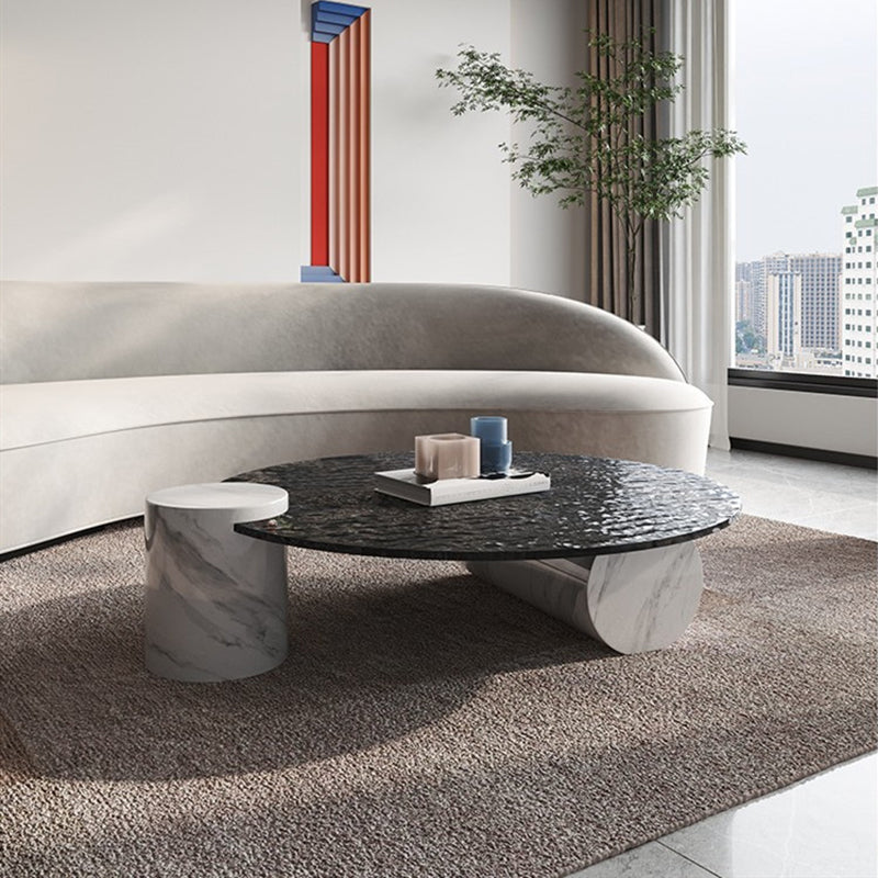 Moderne stijl Slate & Glass Round salontafel met witte basis en zwart/witte top