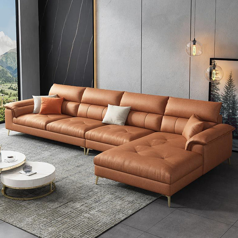 137.8" W x 70.87" D x 35.43" H Faux Leather Sofa & Chaise Modern Sewn Pillow Back Sofa Orange Right Clearhalo 'furn' 'furn_sectionals' 'Furniture' 'Living Room Furniture' 'Sectionals' 5099570