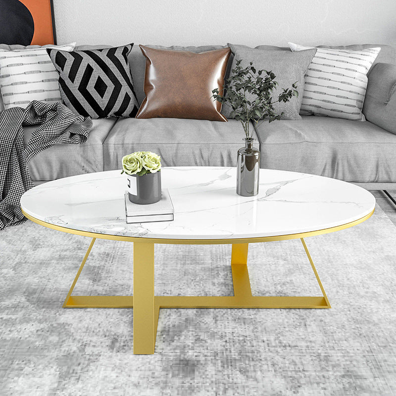 Oval Coffee Table with a Black/gold Base Made of Marble and Wrought Iron 52"L x 28"W x 18"H Gold White Clearhalo 'Coffee & Accent Tables' 'Coffee Tables' 'coffee_tables' 'furn' 'furn_coffee_tables' 'Furniture' 'Living Room Furniture' 5108400