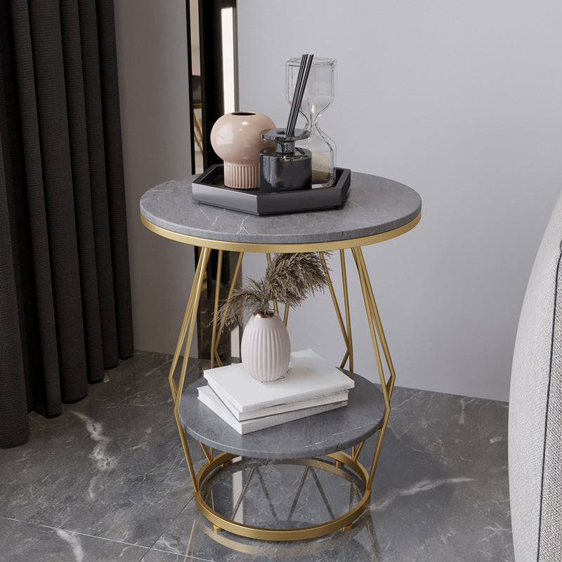 Frame Round Stone Side Table 19.7" W x 19.7" D x 23.6" H End Table with Storage Shelf