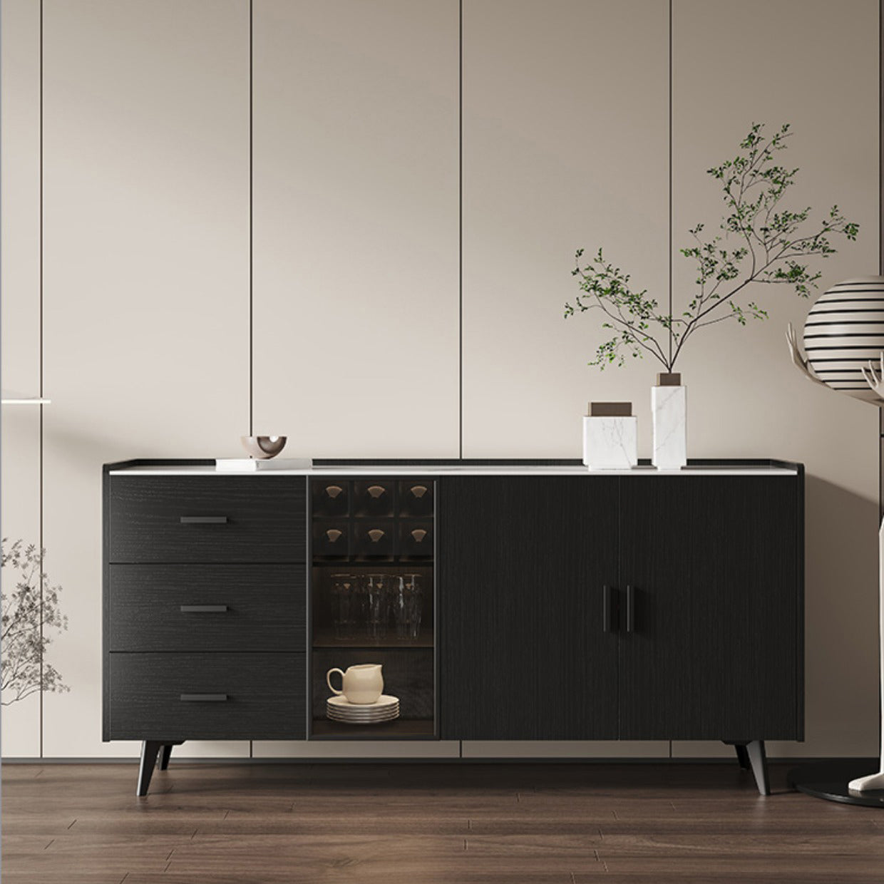 Luxury Style Kitchen Sideboard Sintered Stone Storage Sideboard 71"L x 16"W x 33"H Black White Clearhalo 'buffet_sideboard' 'Buffets & Sideboards' 'furn' 'furn_buffet_sideboard' 'Furniture' 'Kitchen & Dining Furniture' 5119755