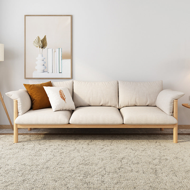 Divano a braccio quadrato moderno di lino beige divano standard in legno per soggiorno