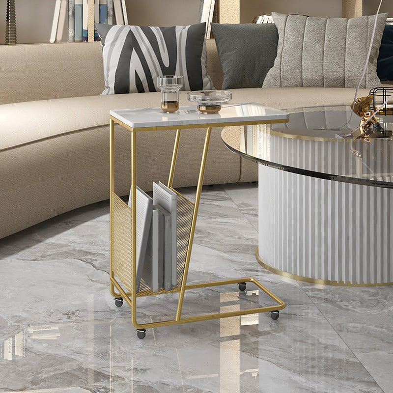 Modern Rectangular Side Table 19.7" x 11.8" x 22.8" Metal/Stone End Table with Casters