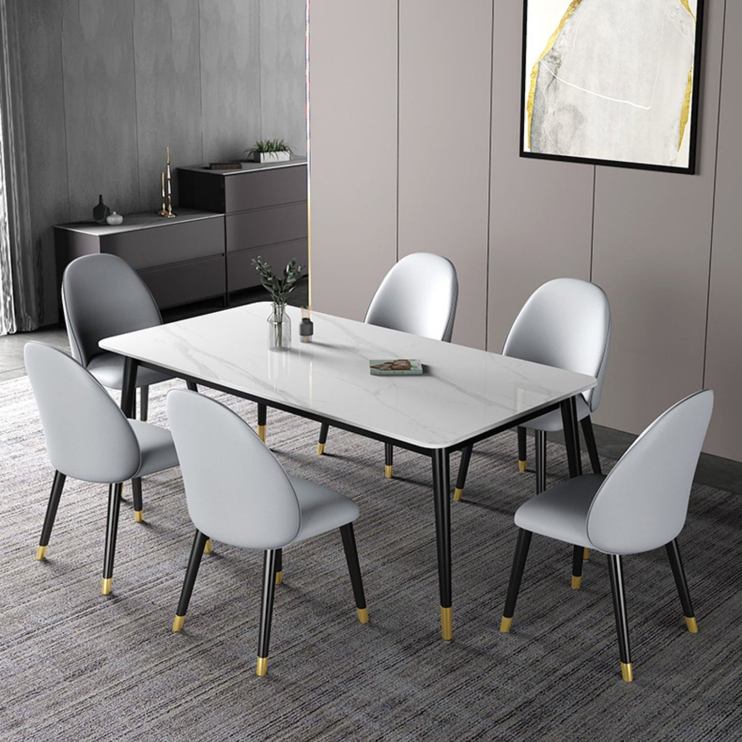 Modern Rectangle Dining Table Set 1/2/3/5/7 Pieces Dinette Set with Sintered Stone Top 7 Pieces: White Table, 6 Chairs Clearhalo 'Dining Room Sets' 'Dining Tables & Seating' 'dining_room_set' 'furn' 'furn_dining_room_set' 'Furniture' 'Kitchen & Dining Furniture' 5131011