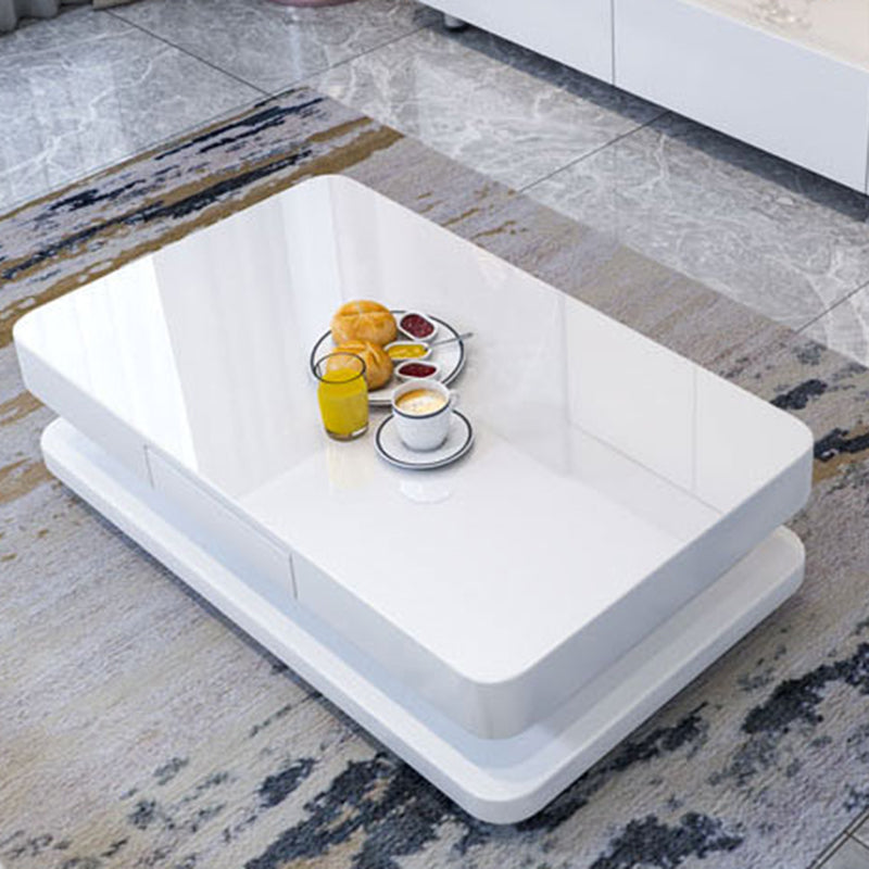 Rectangular White Glass/Wood Coffee Table Block 1 Single Cocktail Table with Drawer