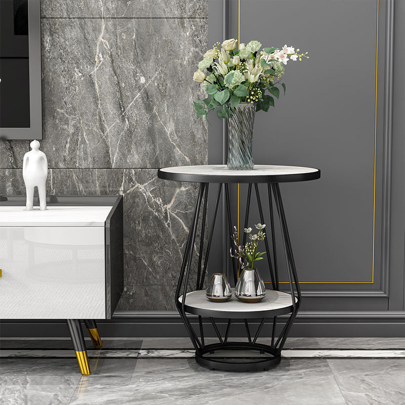 Modern Round Side Table 24.4-inch Gold/Black Metal Frame End Table Black White Shelves Included Clearhalo 'Coffee & Accent Tables' 'End & Side Tables' 'end_side_tables' 'furn' 'furn_end_side_tables' 'Furniture' 'Living Room Furniture' 5150751