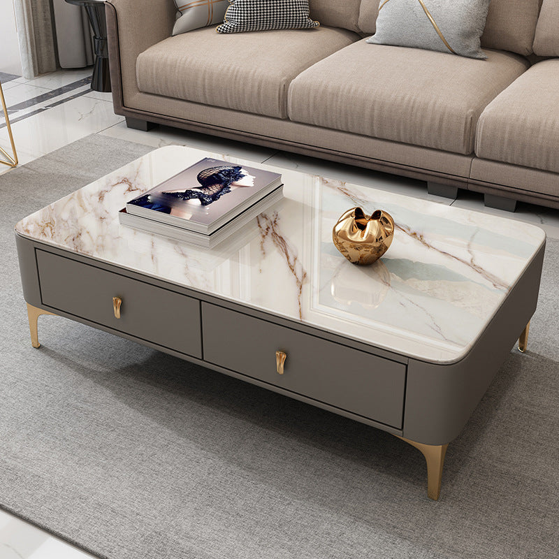 Modern Rectangular Stone Coffee Cocktail Table with Drawers, 47.2" W x 23.6" D x 15.7" H