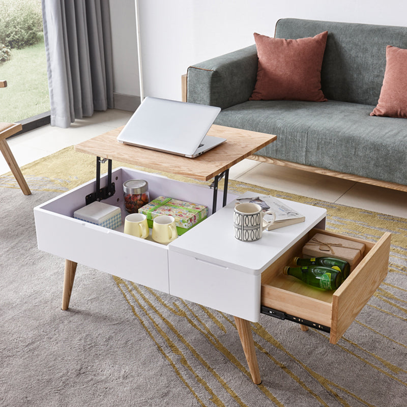 Retangular Natural Wood 4 jambes Table basse 1 Table à cocktails moderne unique avec tiroirs