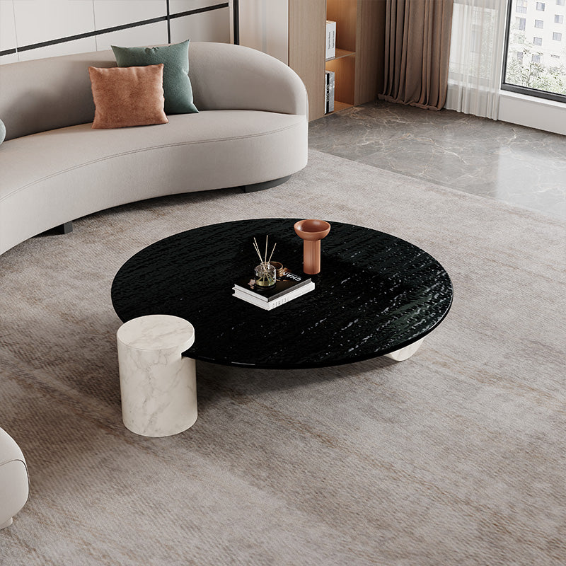Modern Marble 2 Legs Coffee Table Round Glass Top Cocktail Table in Clear