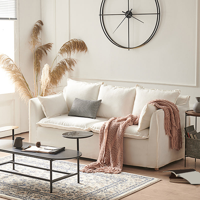 White Linen Contemporary Standard Square Arm Sofa for Living Room, Apartment