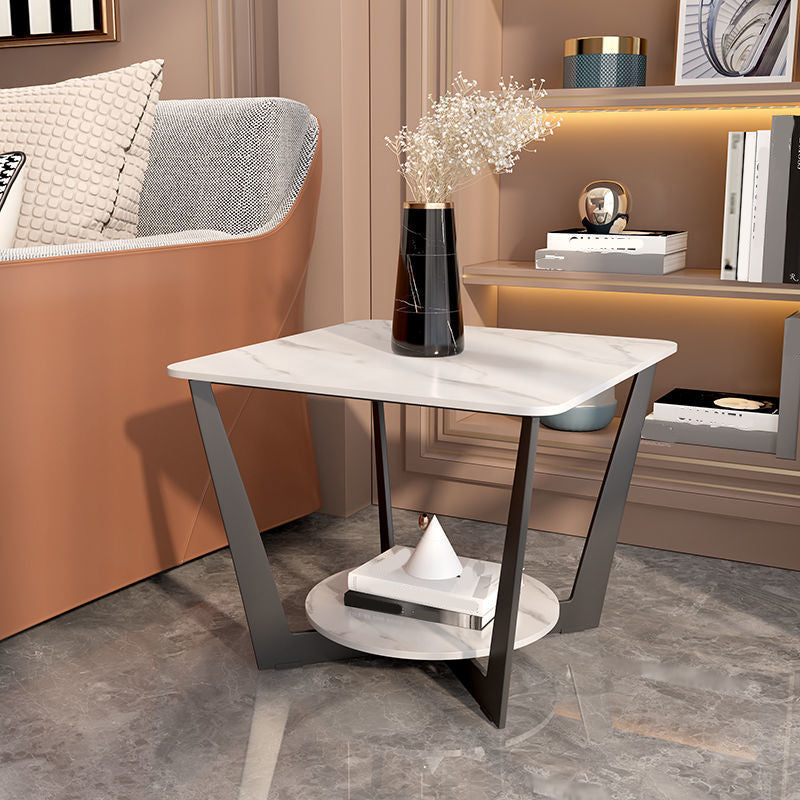 19.6" Tall Metal Cross Legs End Table Faux Marble Square Top Side Table with Shelf