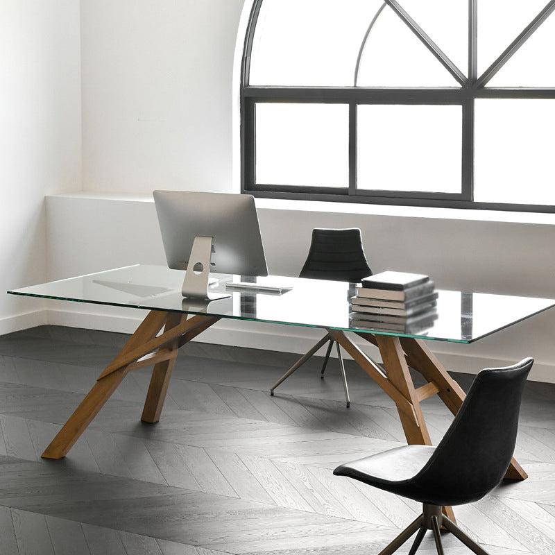 Table à manger en verre en verre moderne avec base en bois massif