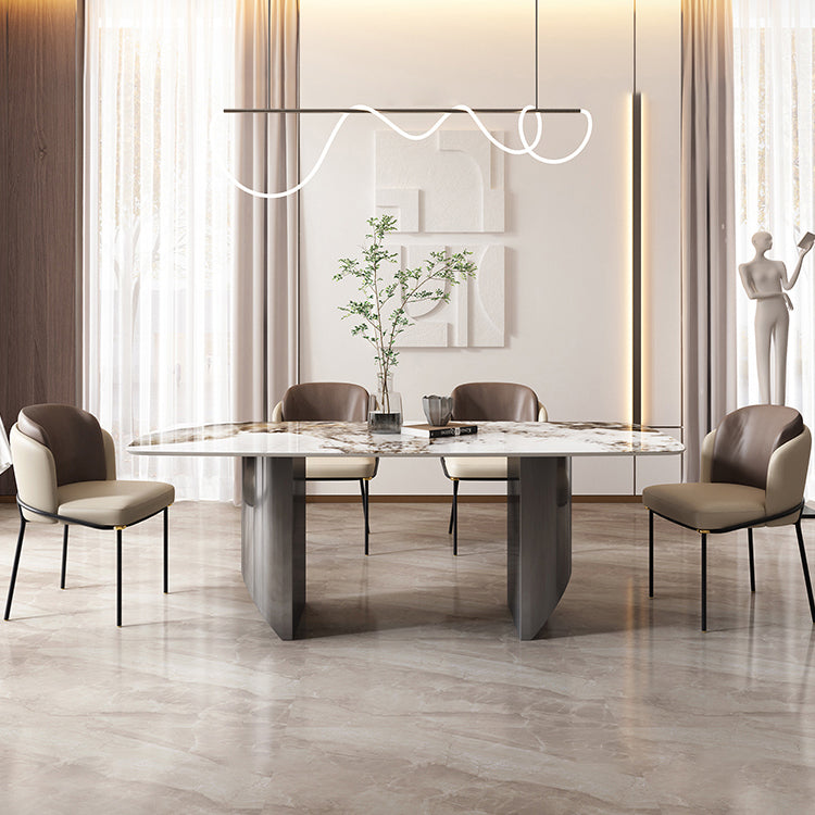 Industrial Sintered Stone Table for Restaurant Rectangle Dining Table with Double Pedestal 86.6"L x 43.3"W x 29.5"H Without Chairs Clearhalo 'Dining Tables & Seating' 'Dining Tables' 'dining_table' 'furn' 'furn_dining_table' 'Furniture' 'Kitchen & Dining Furniture' 5191864