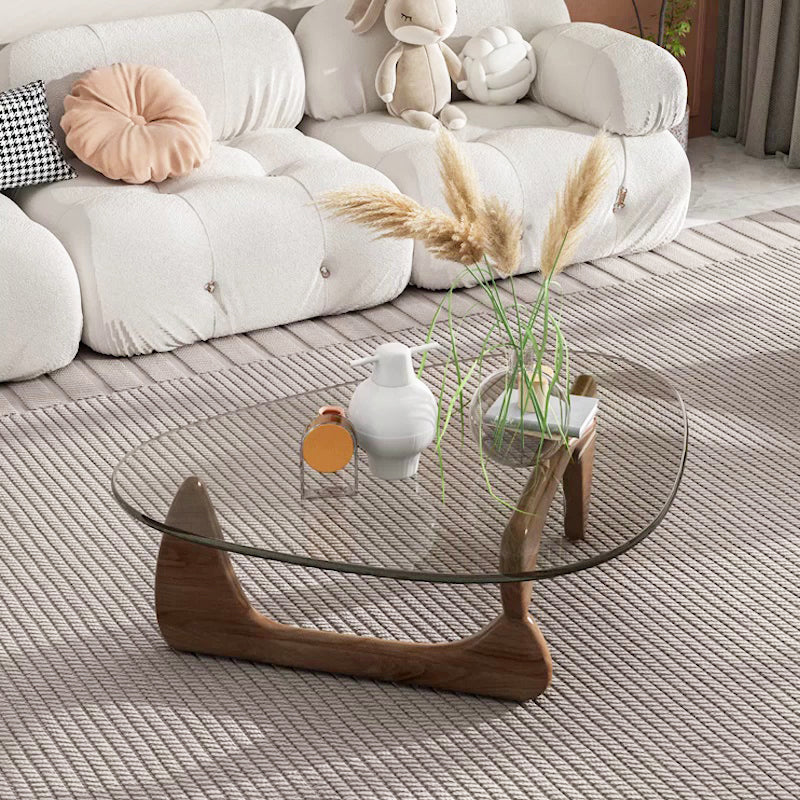 Contemporary Abstract Wooden Base Irregular Glass Top Coffee Table Walnut White Clearhalo 'Coffee & Accent Tables' 'Coffee Tables' 'coffee_tables' 'furn' 'furn_coffee_tables' 'Furniture' 'Living Room Furniture' 5211930
