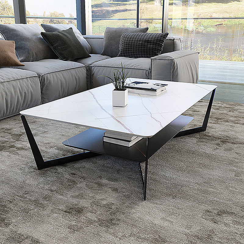 Cross Table Base Design Black Metal Base Slate Top Rectangular Coffee Table 55"L x 31.5"W x 18"H White Gold Clearhalo 'Coffee & Accent Tables' 'Coffee Tables' 'coffee_tables' 'furn' 'furn_coffee_tables' 'Furniture' 'Living Room Furniture' 5212062