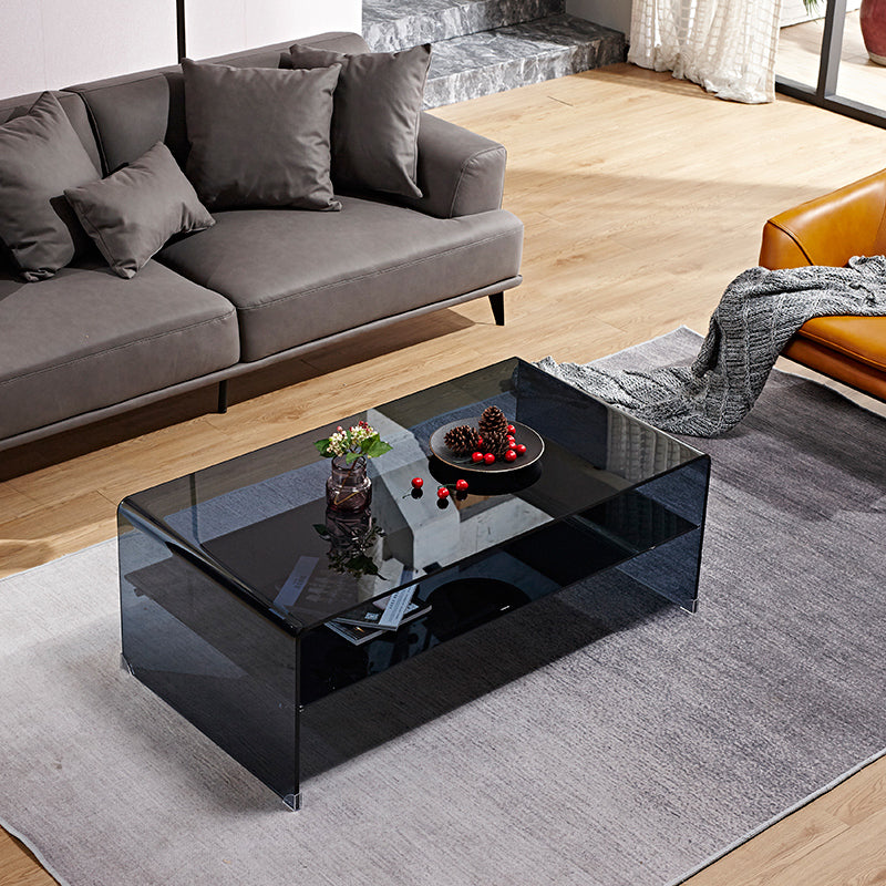 15.7"H Modern Sled Base White/black Glass Square Coffee Table with Shelf 47"L x 20"W x 16"H Black Clearhalo 'Coffee & Accent Tables' 'Coffee Tables' 'coffee_tables' 'furn' 'furn_coffee_tables' 'Furniture' 'Living Room Furniture' 5231035
