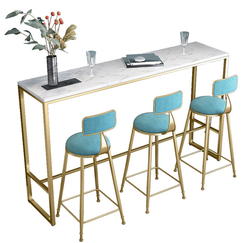 Stone Bar Dining Table Glam Rectangle Bar Table with Trestle Pedestal for Miik Tea Shop 94.5"L x 15.7"W x 41.3"H White Without Chairs Clearhalo 'Bar Furniture' 'Bar Tables' 'bar_tables' 'furn' 'furn_bar_tables' 'Furniture' 'Kitchen & Dining Furniture' 5240203