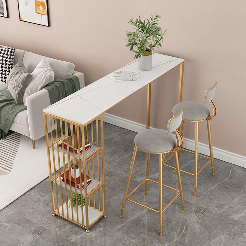 Modern Style Bar Table Stone Storage Top Pub Table for Living Room 86.6"L x 15.7"W x 41.3"H White-Gold Without Chairs Clearhalo 'Bar Furniture' 'Bar Tables' 'bar_tables' 'furn' 'furn_bar_tables' 'Furniture' 'Kitchen & Dining Furniture' 5245458