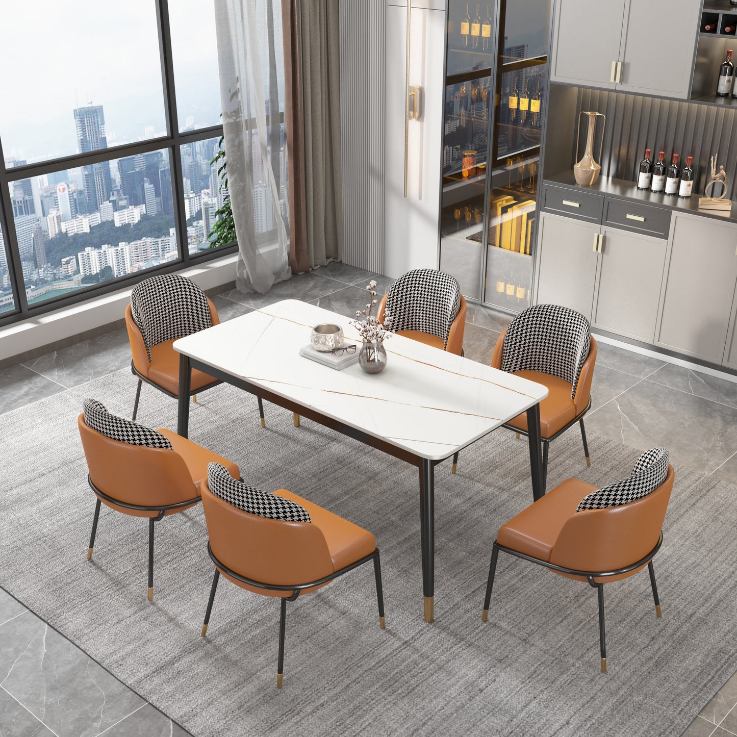 Glam Rectangle Dining Table Set 1/4/5/7 Pieces Dinette Set with Sintered Stone Top 7 Pieces: White-gold Table, 6 Chairs Clearhalo 'Dining Room Sets' 'Dining Tables & Seating' 'dining_room_set' 'furn' 'furn_dining_room_set' 'Furniture' 'Kitchen & Dining Furniture' 5246197