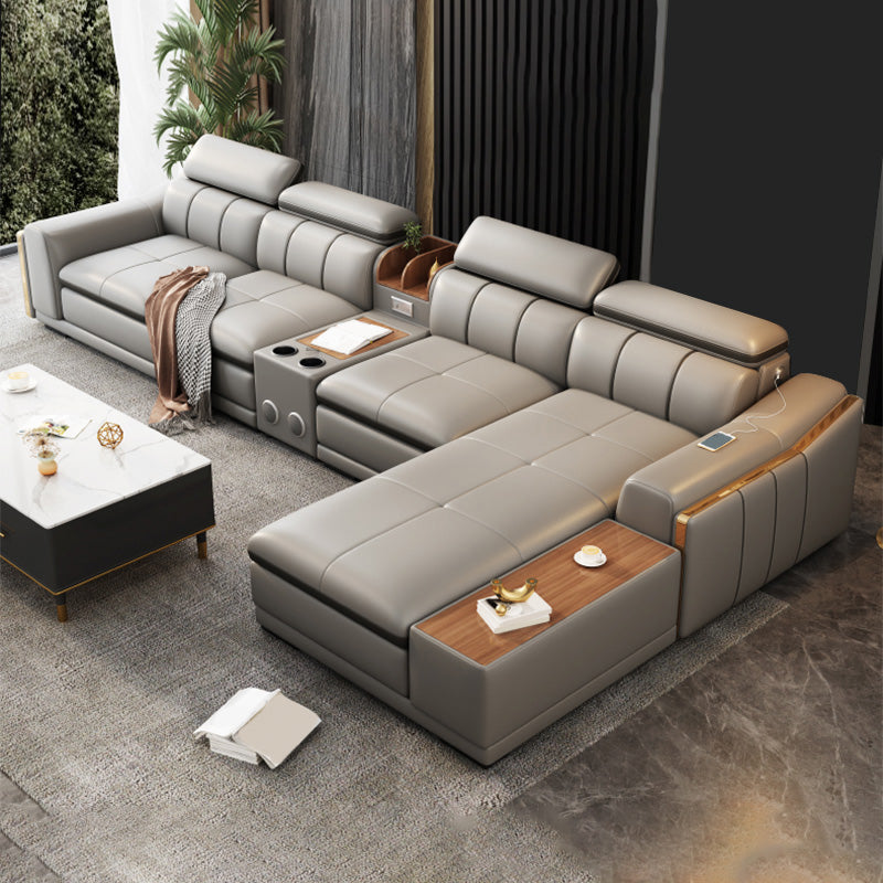 Scandinavian Light-grey High Back Sloped Arm Sectional with Wear-resisting 157.5"L x 68"W x 37"H Genuine Leather Sponge Clearhalo 'furn' 'furn_sectionals' 'Furniture' 'Living Room Furniture' 'Sectionals' 5252376