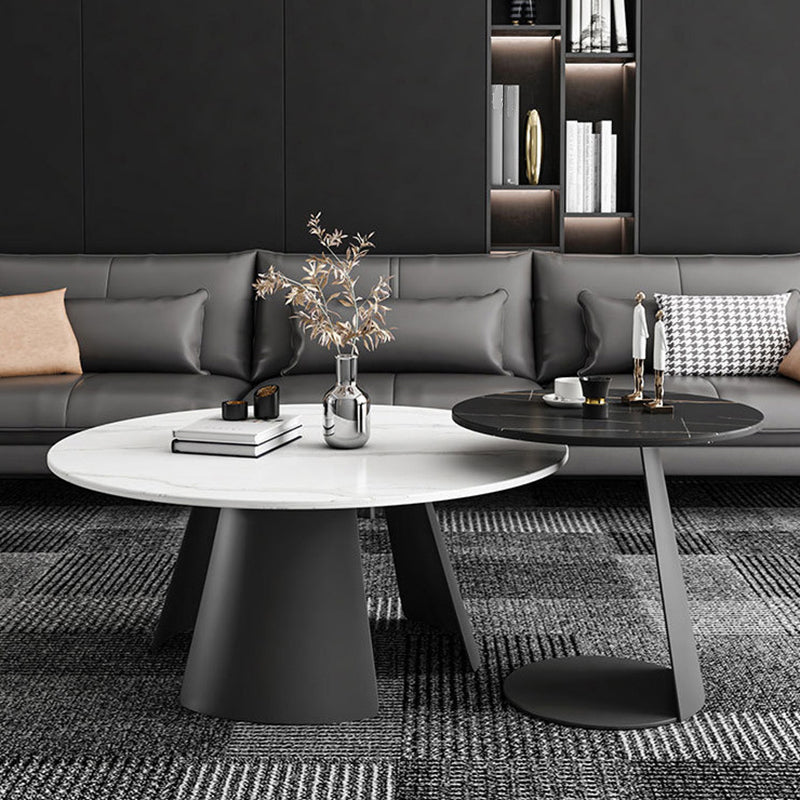 Modern Style White Rock Slab Top Metal Craft Round Coffee Table 27.5"L x 27.5"W x 16"H + 20"L x 20"W x 20"H Clearhalo 'Coffee & Accent Tables' 'Coffee Tables' 'coffee_tables' 'furn' 'furn_coffee_tables' 'Furniture' 'Living Room Furniture' 5262927