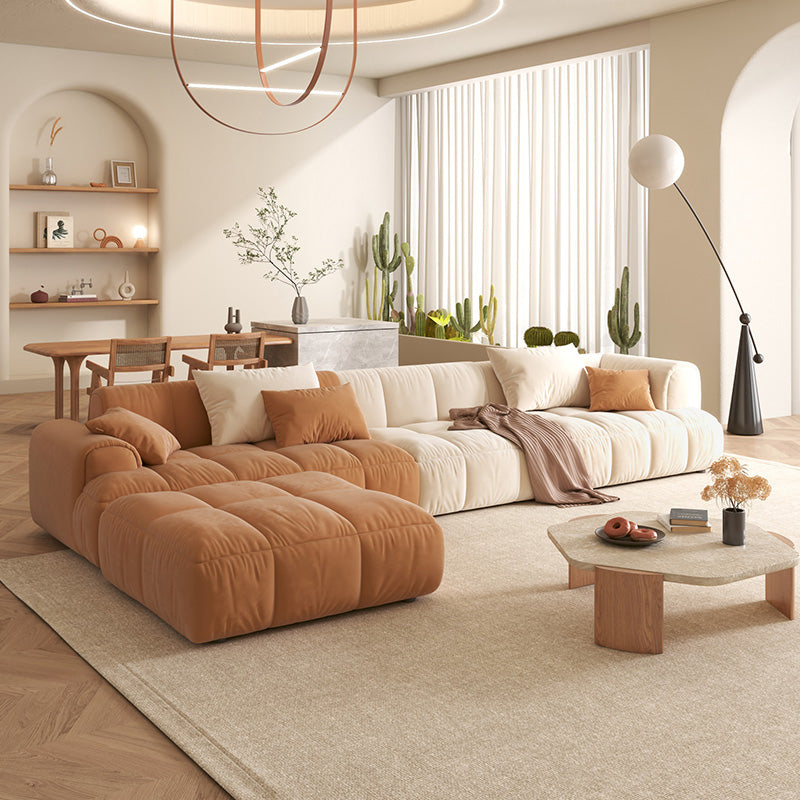 Velvet Round Arm Sectionals 24.8"High Tight Back Sofa with 4 Pillows White-Brown Clearhalo 'furn' 'furn_sectionals' 'Furniture' 'Living Room Furniture' 'Sectionals' 5271003