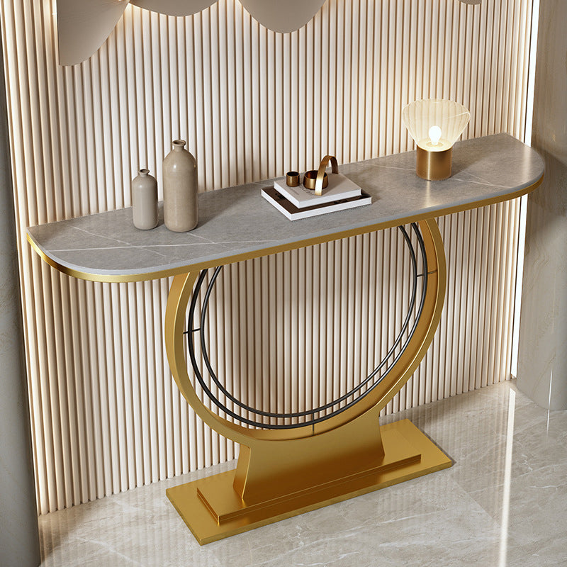 Stone Glam Half Moon Table Scratch Resistant Console Table for Hall Gray Clearhalo 'Console Tables' 'console_tables' 'Entry & Mudroom Furniture' 'furn' 'furn_console_tables' 'Furniture' 5284847