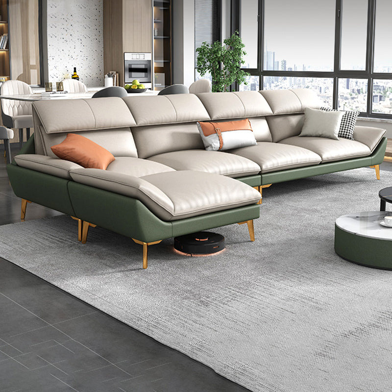 Flared Arm Faux Leather Furniture Sectionals in Green and White 130"L x 69"W x 38"H Clearhalo 'furn' 'furn_sectionals' 'Furniture' 'Living Room Furniture' 'Sectionals' 5287629