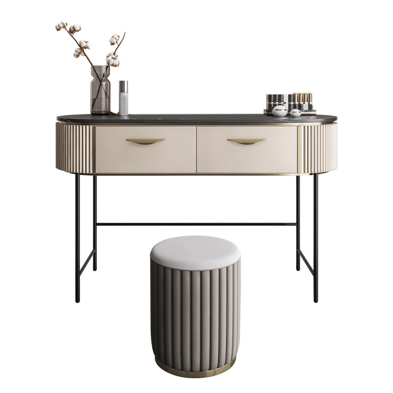 Contemporary Vanity Set, 2 Storage Drawers With Mirror & Padded Stool Makeup Vanity & Stools 47"L x 18"W x 31.5"H Clearhalo 'Bedroom Furniture' 'furn' 'furn_makeup_vanities' 'Furniture' 'Makeup Vanities' 'makeup_vanities' 5287690