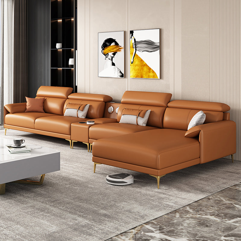 149.6"W √ó 70.87"D √ó 39.37"H Faux Leather Pillow Top Arm Sectionals with Wear-Resistant Orange Clearhalo 'furn' 'furn_sectionals' 'Furniture' 'Living Room Furniture' 'Sectionals' 5287997