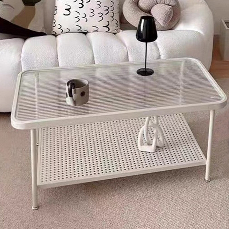 Four Legs Glass Coffee Table Shelf Included Geometric Single Cocktail Table 43"L x 20"W x 16"H White Clearhalo 'Coffee & Accent Tables' 'Coffee Tables' 'coffee_tables' 'furn' 'furn_coffee_tables' 'Furniture' 'Living Room Furniture' 5288943