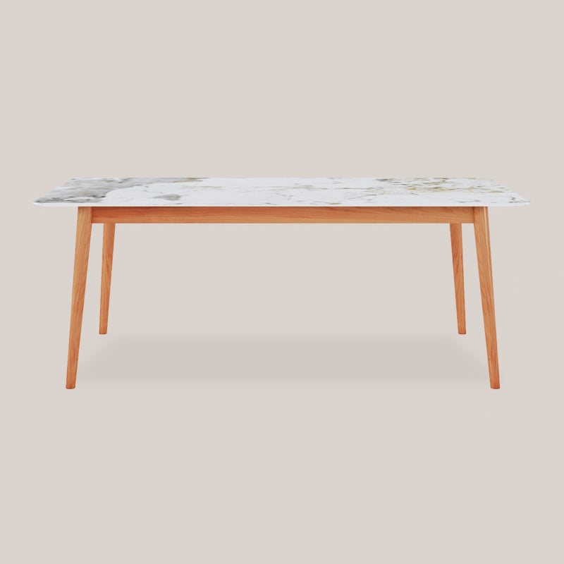 Modern Rectangle Dining Table Sintered Stone Top Table with 4 Wood Legs