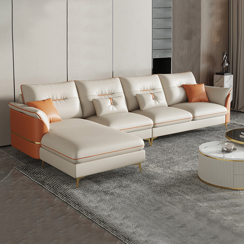 Beige Genuine Leather Pillow Top Arm Sofa/Sectionals With Cushions Metal Legs 122"L x 65"W x 36"H Without Ottoman Clearhalo 'furn' 'furn_sectionals' 'Furniture' 'Living Room Furniture' 'Sectionals' 5301404