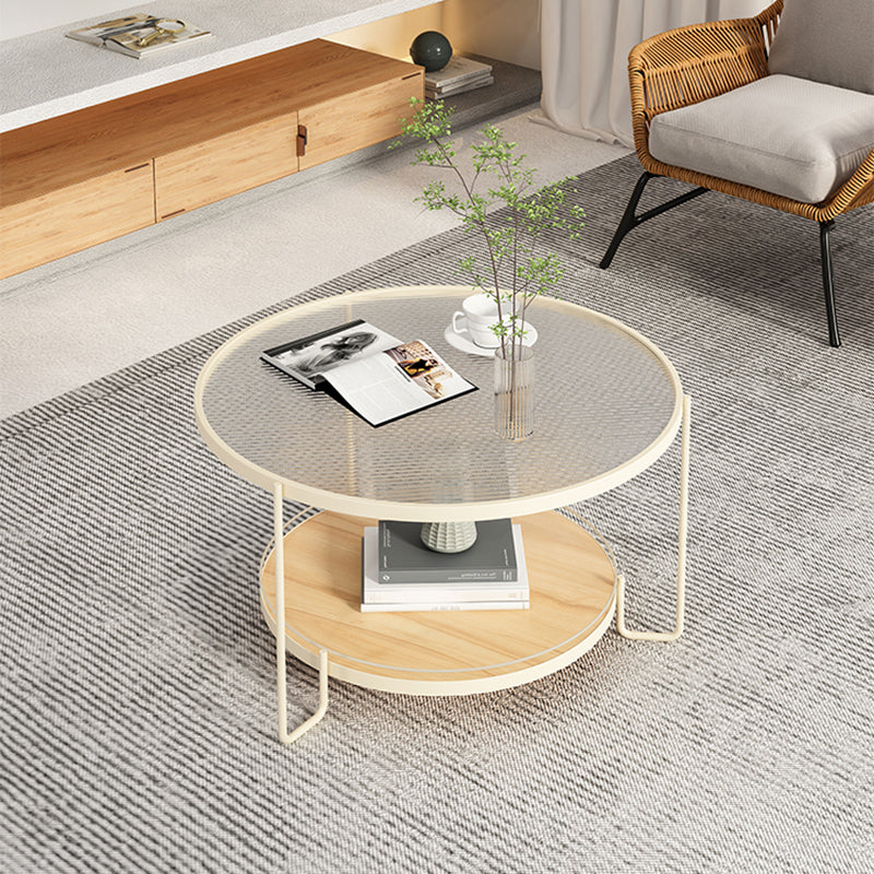 3 Legs Base Coffee Table Round Clear Glass Cocktail Table with Shelf 31.5"L x 31.5"W x 17.7"H Beige Clearhalo 'Coffee & Accent Tables' 'Coffee Tables' 'coffee_tables' 'furn' 'furn_coffee_tables' 'Furniture' 'Living Room Furniture' 5302009