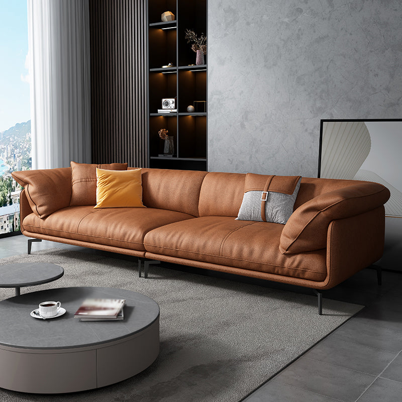 Tan Faux Leather Straight Arm Sofa/Sectional with Wear-Resisting and Stain-Resistant 136"L x 37"W x 33"H Clearhalo 'furn' 'furn_sectionals' 'Furniture' 'Living Room Furniture' 'Sectionals' 5305645