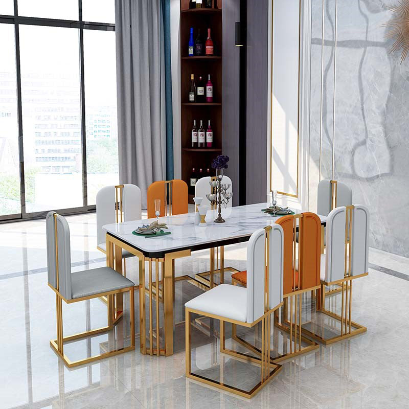 長方形のホワイトトップダイニングテーブルゴールドフレーム付き伝統的な豪華なダイニングテーブル